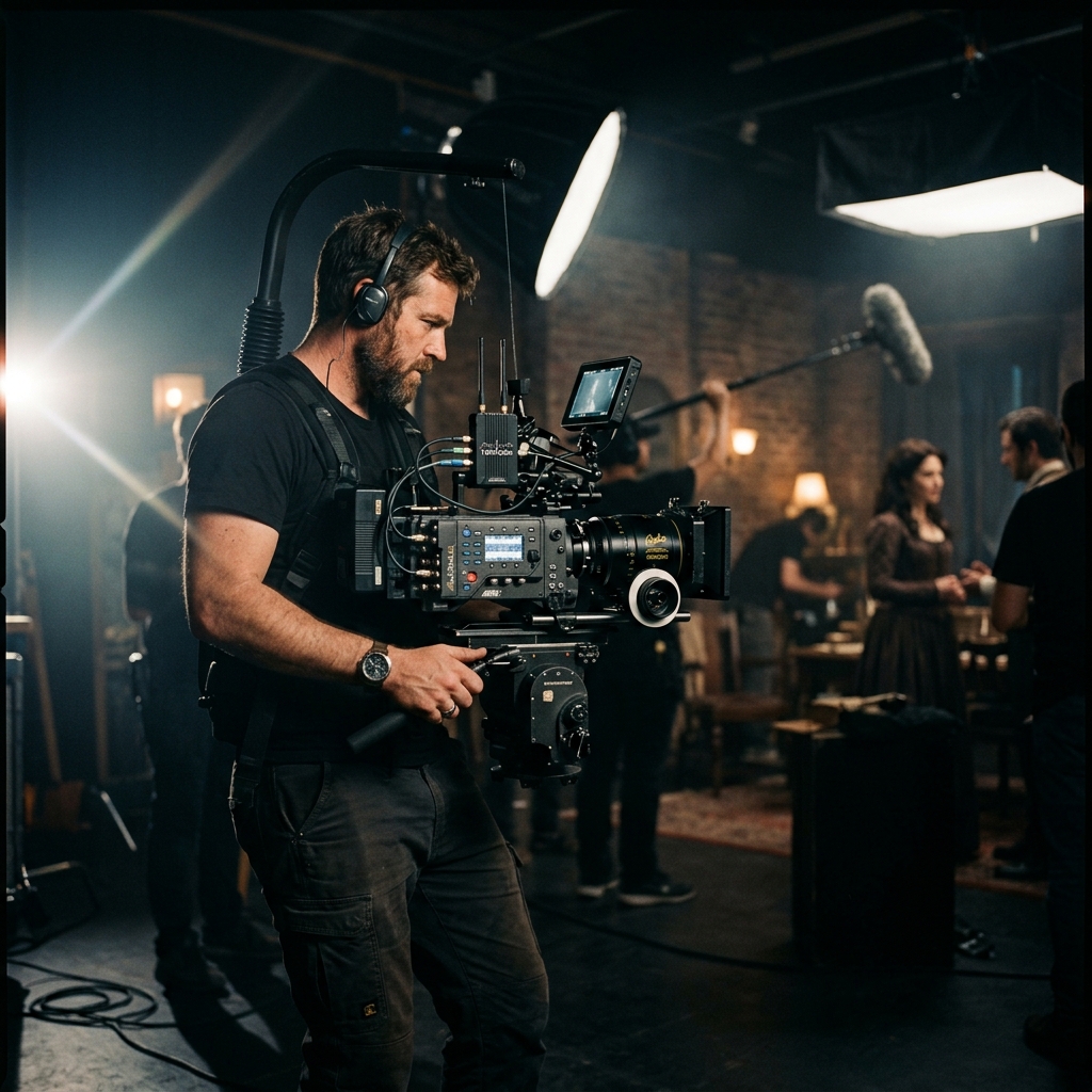 Broadcast cameras lined up on tripods