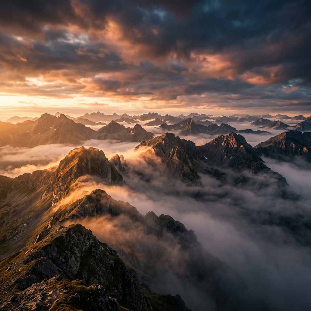 Mist rolling over a mountain range under heavy clouds