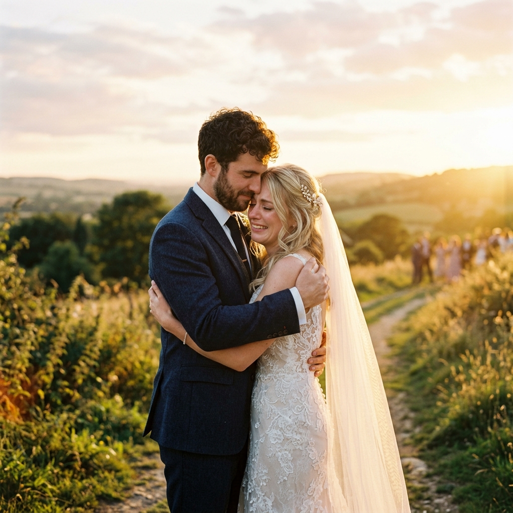 Bride and groom beneath a veil at night